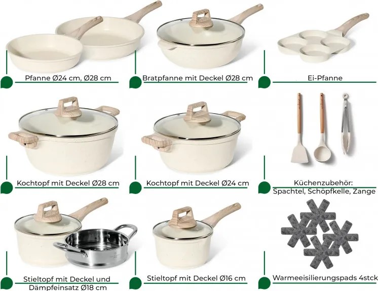 Resigilat: Set oale si tigai Just Perfecto JL-721, 21 piese, Finisaj marmura, Inductie, Oala aburi, Accesorii, Bej