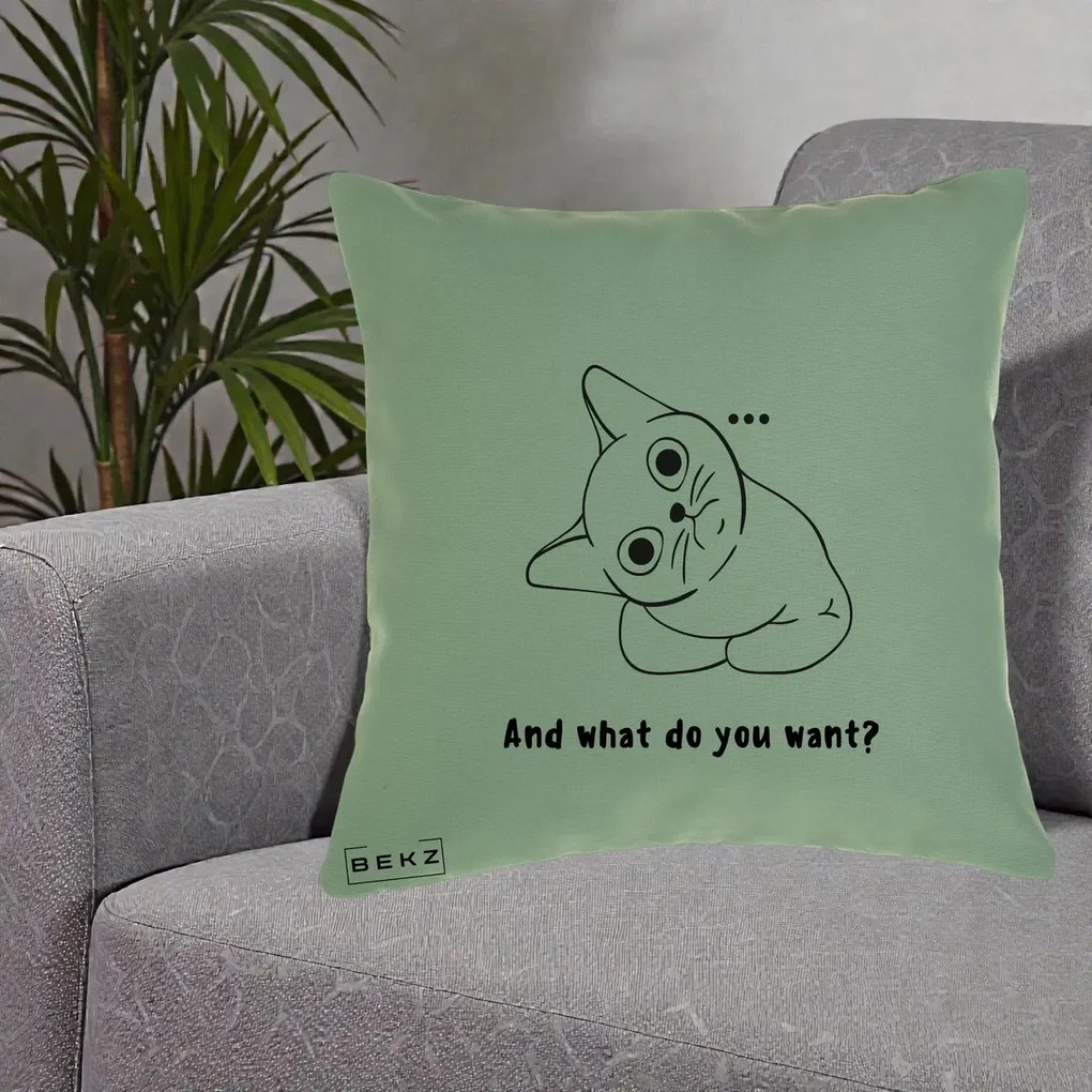 Perna Decorativa And What Do You Want Cat, 40x40 cm, Verde, Husa Detasabila, Perna Inclusa, BEKZ®