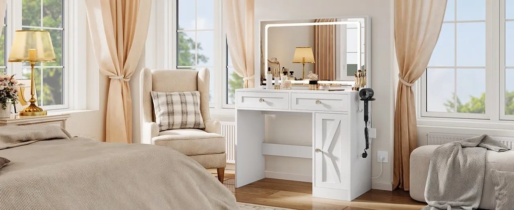 SEA498 - Set Masa toaleta 90 cm, cosmetica machiaj, oglinda cu LED, masuta vanity cu Priza, USB si Suport Uscator par - Alb