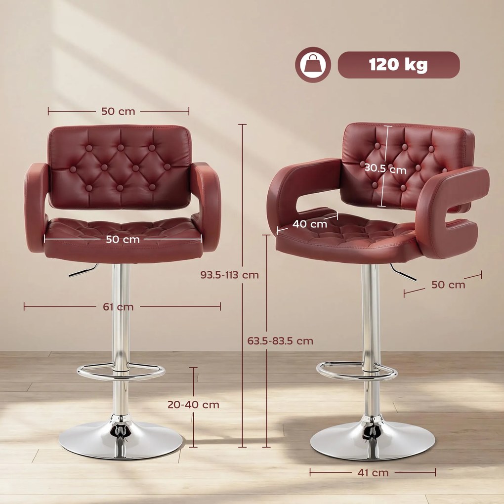 HOMCOM Scaun de Bar cu Înălțime Reglabilă, Scaun de Bucătărie Înalt din PU cu Spătar, Suport pentru Picioare, Cotiere și Șezut Confortabil, Structură Metalică, Rotativ la 360°, pentru Insulă, Roșu Vin | Aosom Romania