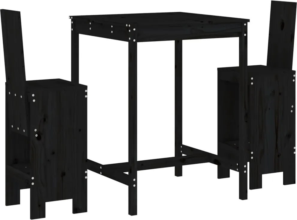 vidaXL Set bar de grădină, 3 piese, negru, lemn masiv de pin