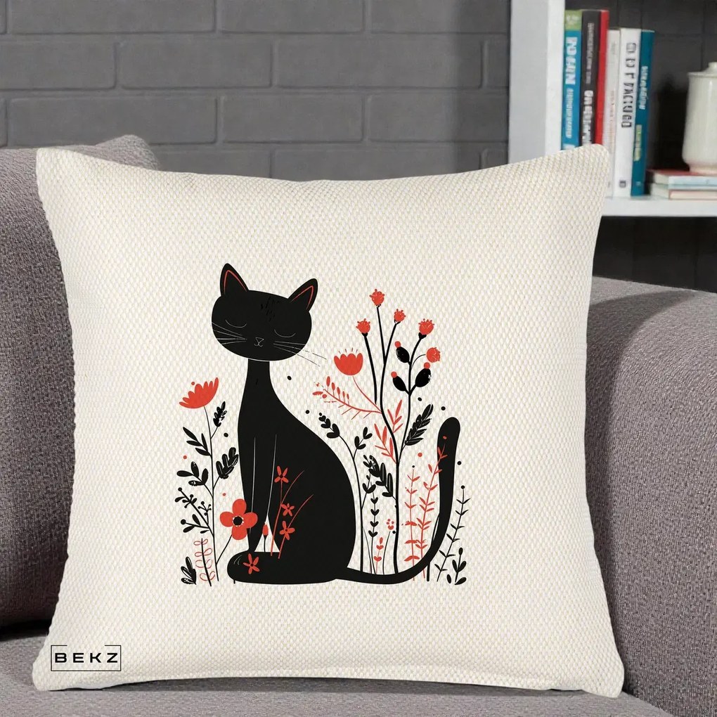 Perna Decorativa Pisica Neagra Flori Rosii Folk Minimal, 40x40 cm, Crem Reliefat, Husa Detasabila, Perna Inclusa, BEKZ®