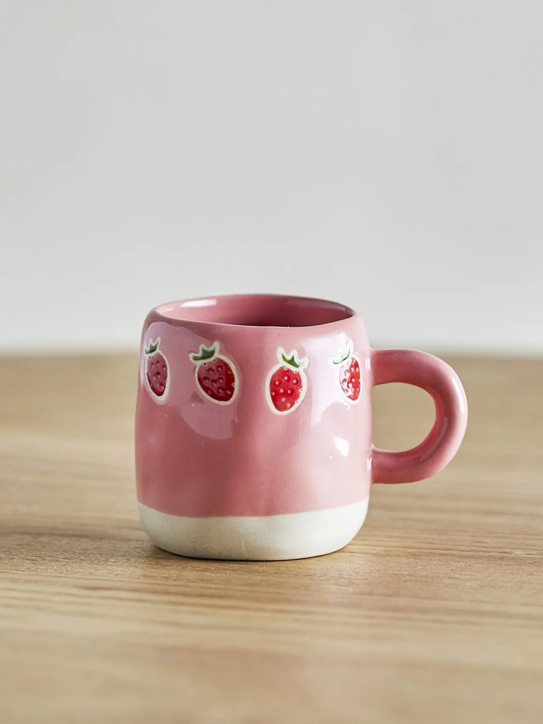 Cană din ceramică artizanală, natur, pictată manual cu ilustrații de căpșuni, 6x7 cm, 110 ml, „Millie"