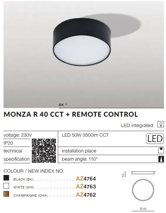 Plafoniera LED cu telecomanda MONZA R 40 CCT BK
