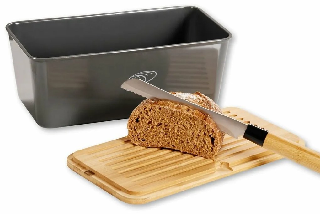 Cutie de pâine Kesper 58089 cu placă de tăiat,gri, 34 x 14 x 18 cm