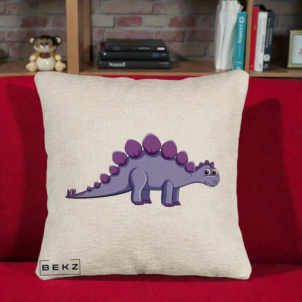 Perna Personalizata Stegozaur Mov, 40x40 cm, Bej Canapea, Husa Detasabila, Perna Inclusa, BEKZ®