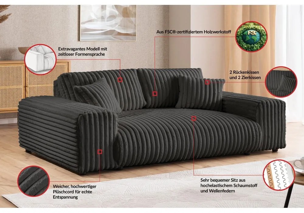 Canapea gri închis cu tapițerie din catifea reiată 213 cm Justin – Ropez