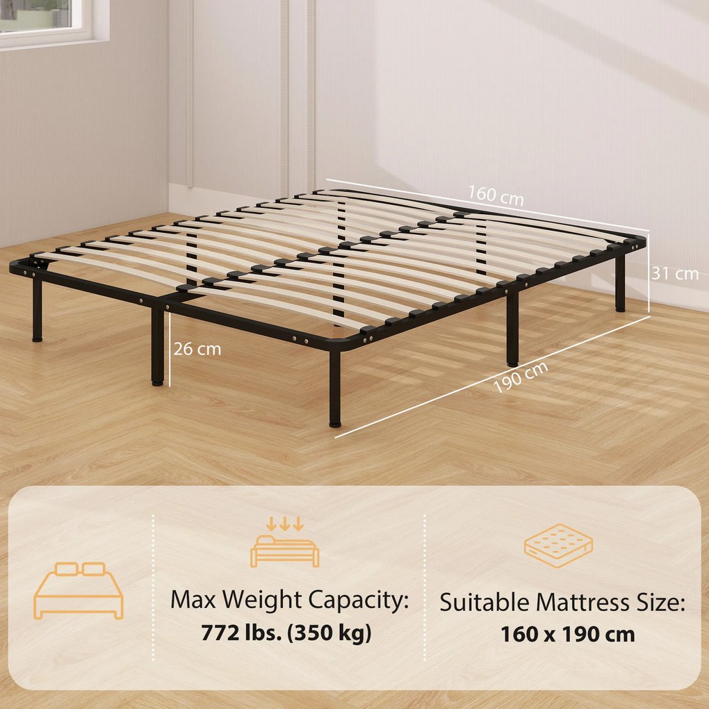 HOMCOM Pat Matrimonial Industrial cu 28 de Doghe și Spațiu de Depozitare, din Lemn și Oțel, 190x160x31 cm, Negru și Lemn | Aosom Romania