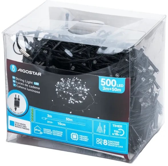 Aigostar - Ghirlandă luminoasă LED pentru exterior, 500 LED, 8 funcții, 53 m, IP44, alb rece