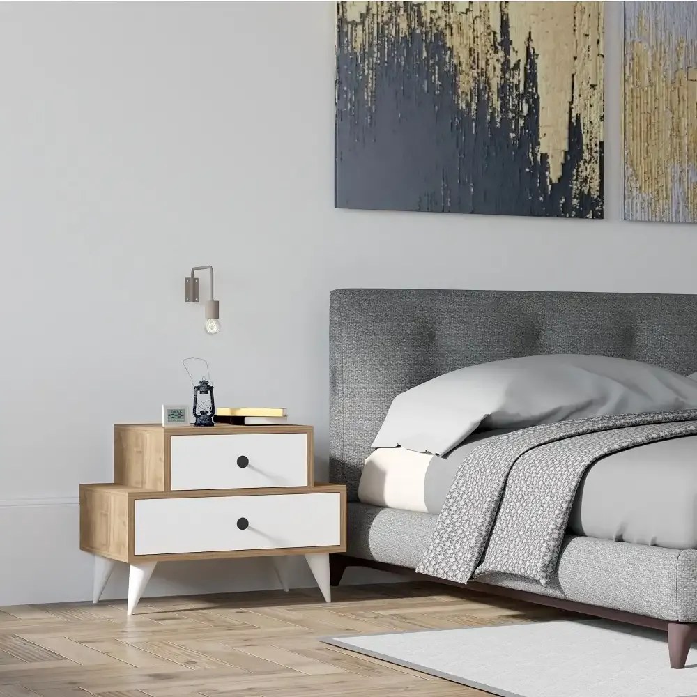 Noptiera Maura cu 2 sertar alb si nuc,63 cm