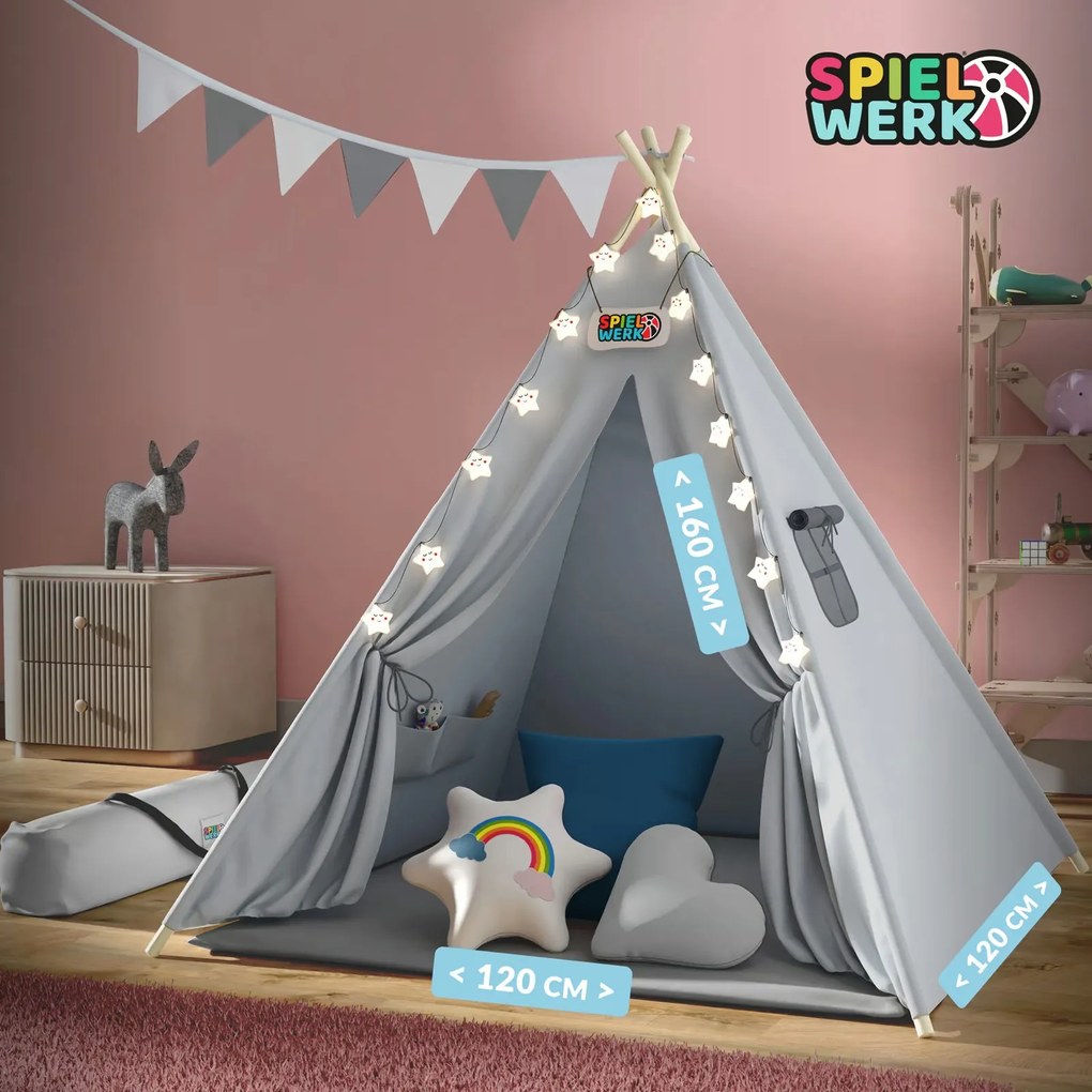 Cort tip teepee pentru copii JULIUS, 120x120x160cm, gri/albastru Spielwerk