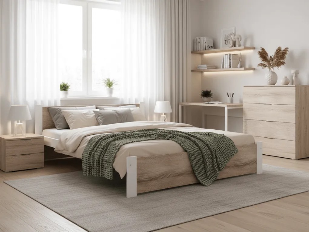 Pat dublu Culoare alb/stejar sonoma, IKAROS 180x200 cm Saltele: Cu saltele Deluxe 10 cm, Somiera pat: Fara somiera