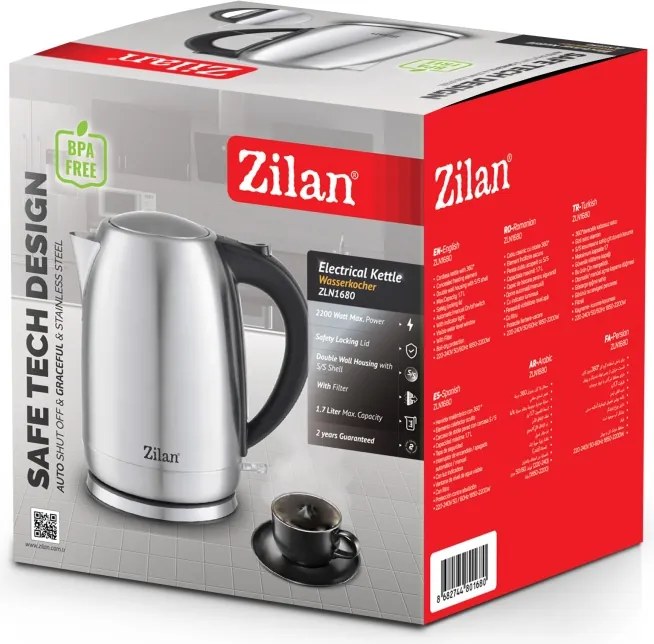 Fierbator electric inox ZILAN ZLN1680 - 2200W, 1.7L, filtru, capac blocare