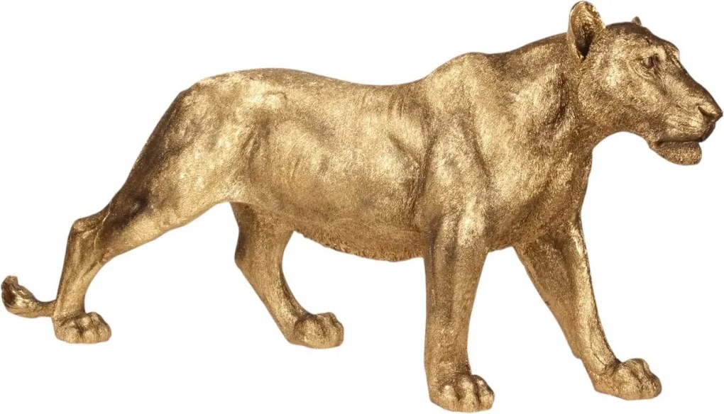 Statuetă decorativă din polirășină, auriu, leoaică în mers, finisaj lucios, 56 x 124 x 30 cm, „Sahel”
