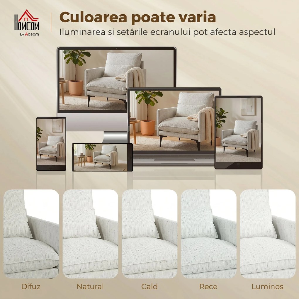 HOMCOM Fotoliu Living Tapițat din Țesătură cu Efect de In cu Brațe, Pernă Lombară și Șezut Generos, Alb | Aosom Romania