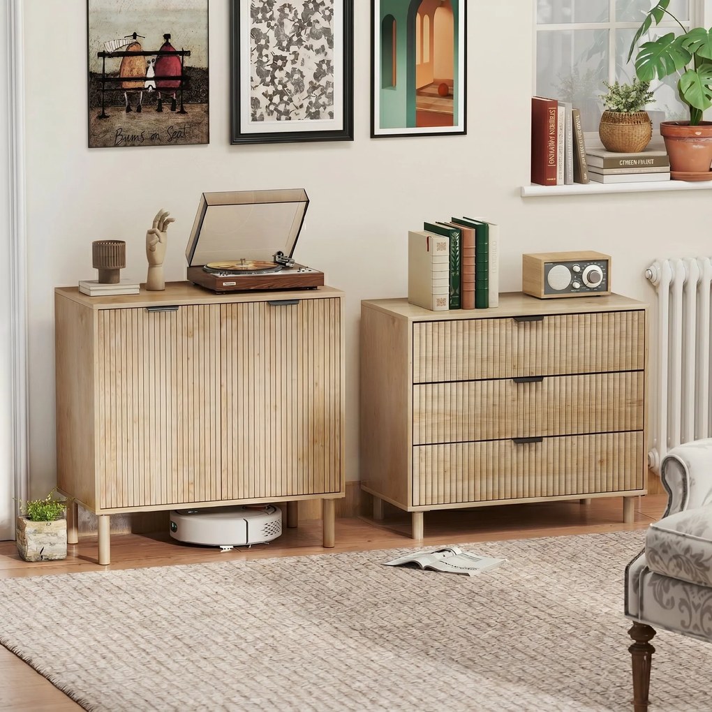 HOMCOM Comodă cu 3 Sertare, Picioare din Lemn Masiv și Design Canelat, 80x40x77,5 cm, Lemn Natural | Aosom Romania