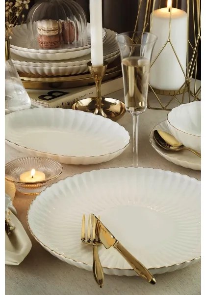 Set de masă 27 piese din porțelan, alb cu accente aurii