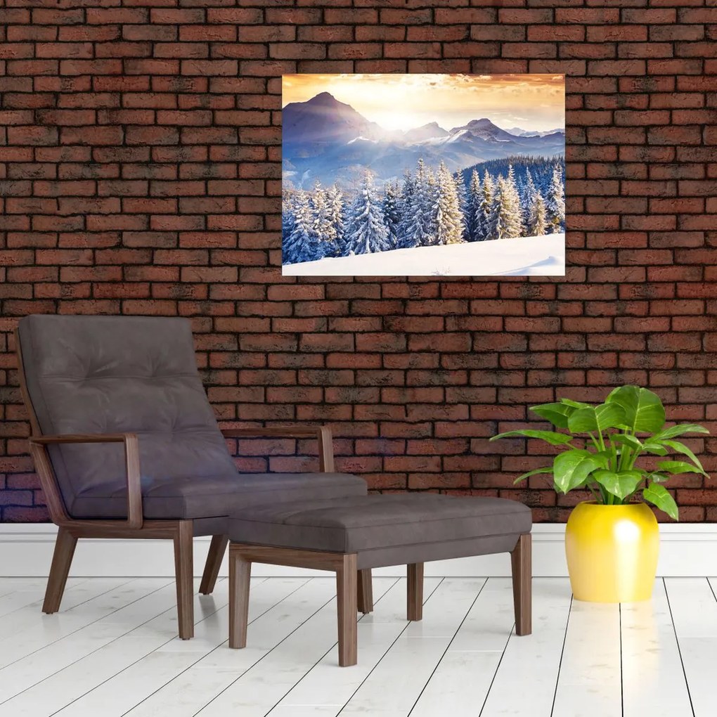 Tablou pe sticlă - Peisaj montan în timpul iernii (70x50 cm)