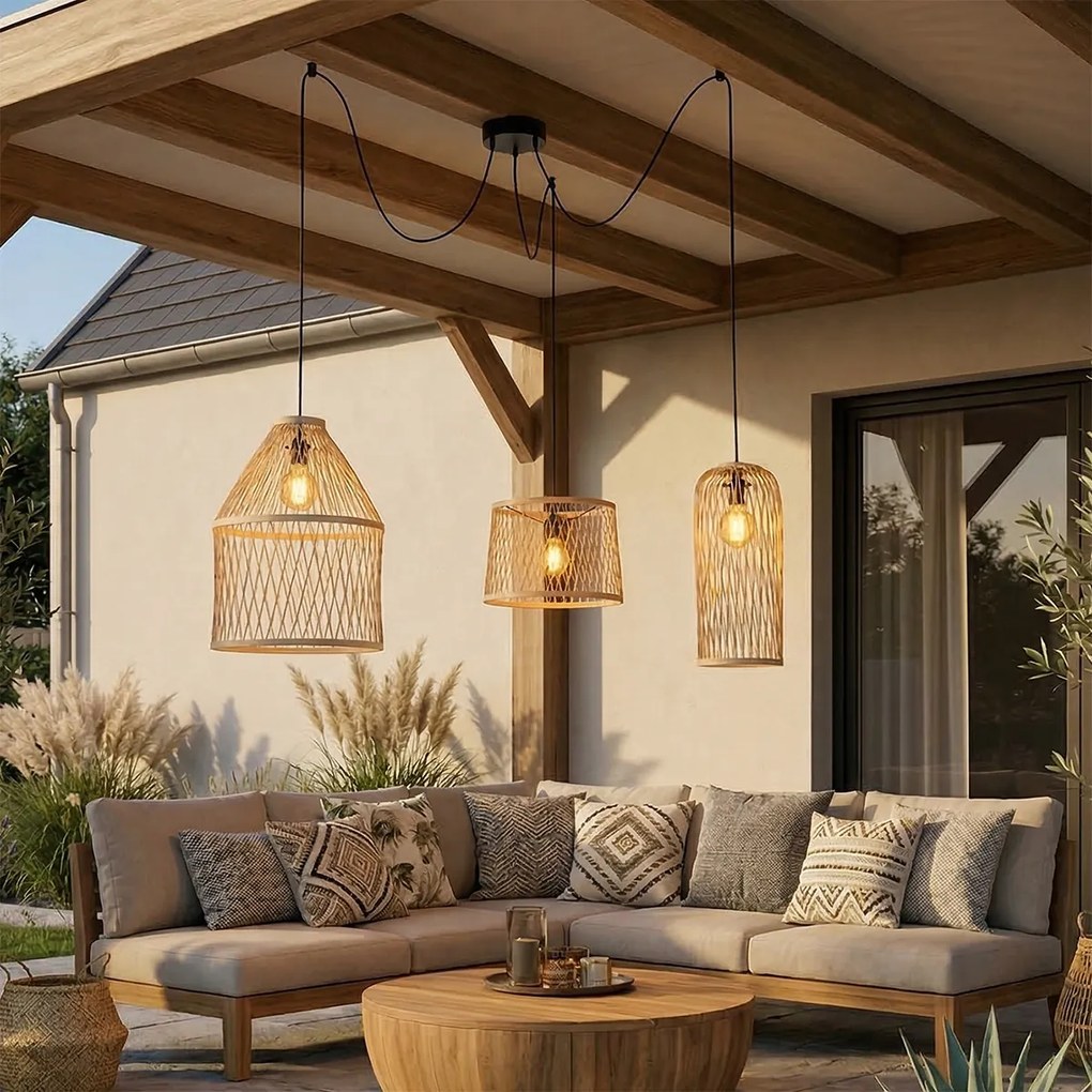 Lampă suspendată rustică pentru exterior din ratan cu 3 lumini - Calamus