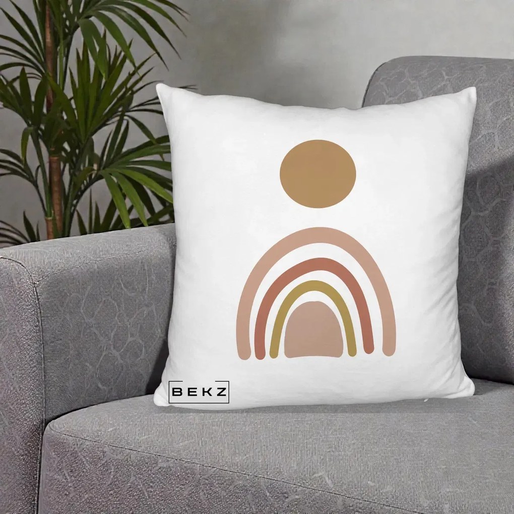 Perna Decorativa Boho Rainbow Sun, 40x40 cm, Alb Pufos, Husa Detasabila, Perna Inclusa, BEKZ®