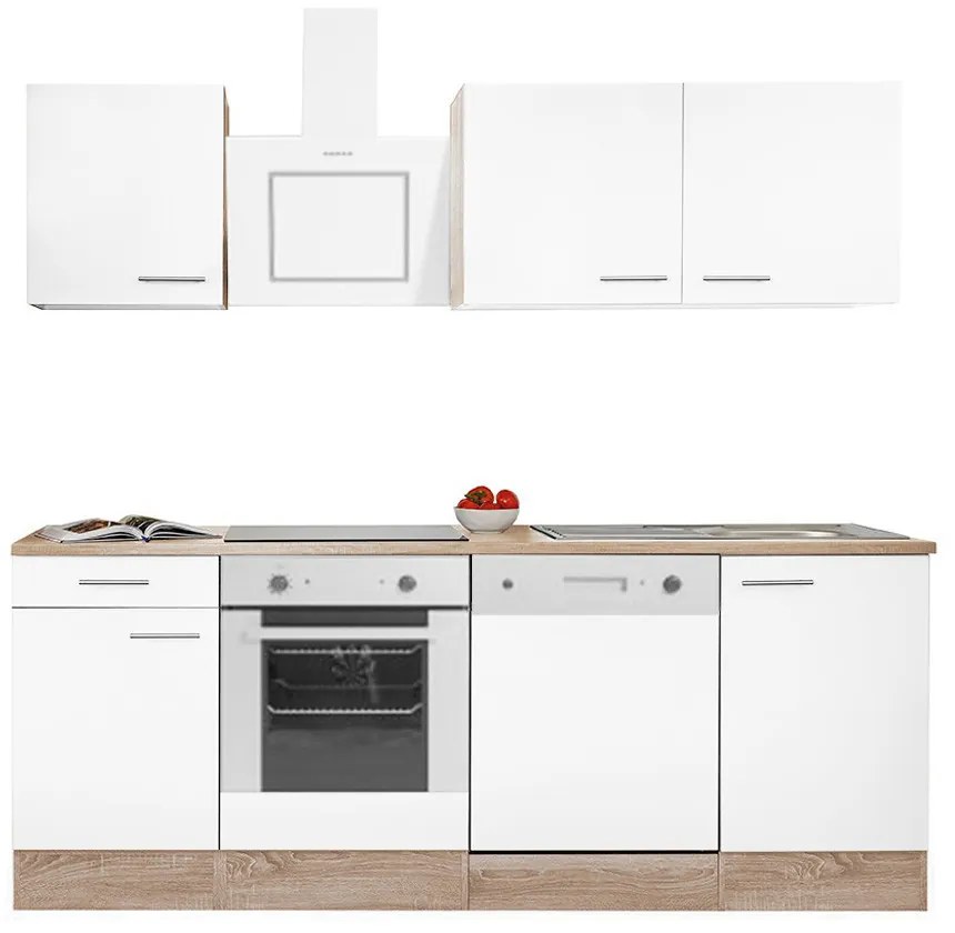Mobilă de bucătărie Yorki 220, corp din stejar sonoma, față alb satinat cu element inferior al cuptorului