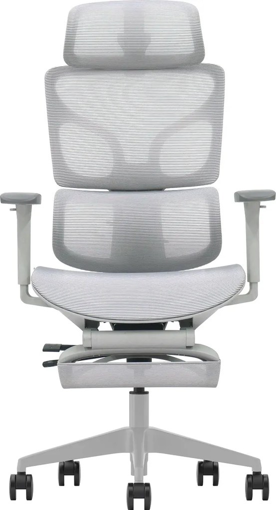 VERTEX PRO – Scaun Ergonomic Premium, Suport Lombar Dublu cu arc și reglaj al tensiunii, Cotiere 3D, Tetieră reglabilă, Șezut Glisant, Suport pentru picioare extensibil, Gri