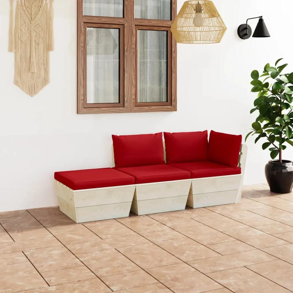 Set mobilier gradina din paleti cu perne, 3 piese, lemn molid Rosu, colt + mijloc + suport pentru picioare, 1