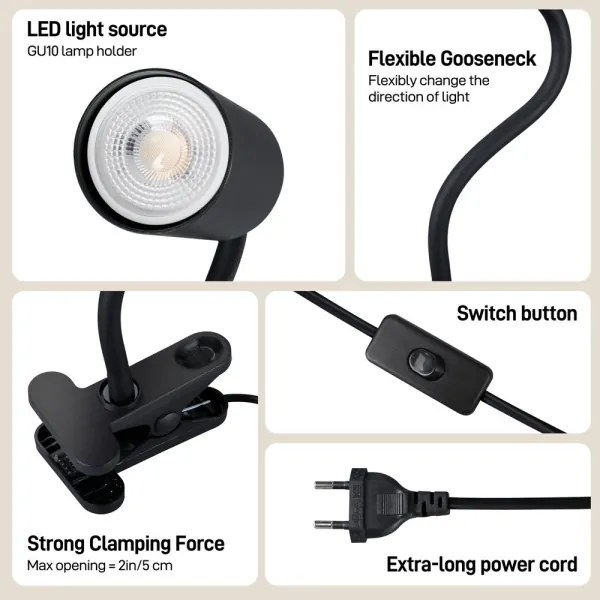Immax 08293L - Lampă flexibilă cu clemă PUNTO 1xGU10/9W/230V neagră