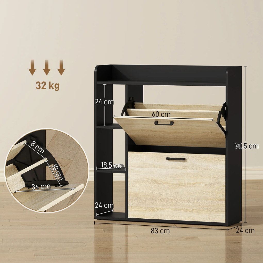 HOMCOM Dulap pentru pantofi slim cu 2 sertare și 3 compartimente deschise, Capacitate 15 perechi, 83x24x90.5 cm, Negru | Aosom Romania