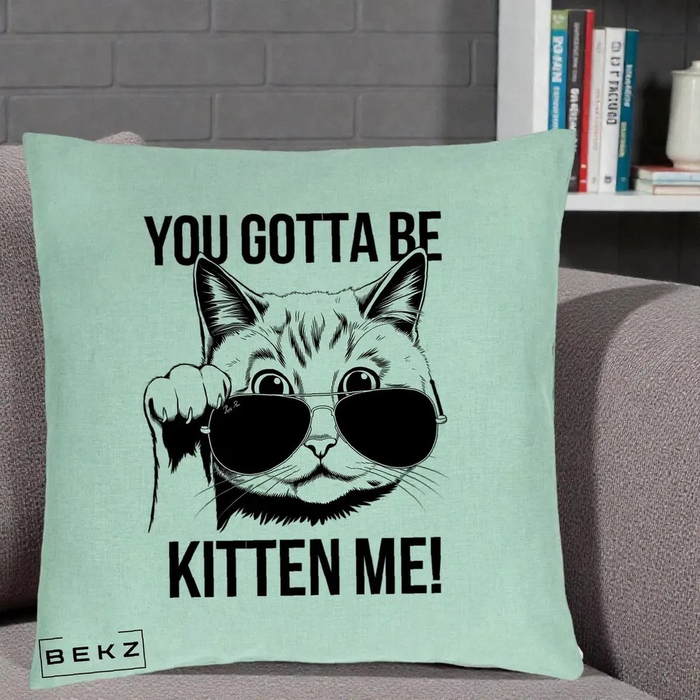 Perna Decorativa You Gotta Be Kitten Me!, 40x40 cm, Verde Menta, Husa Detasabila, Perna Inclusa, BEKZ®