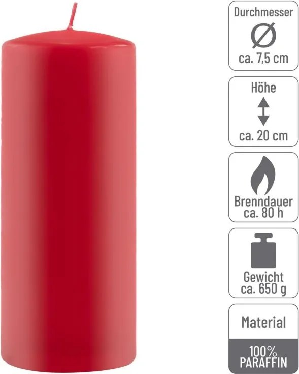 Set de lumânări stâlp, 20 cm, Ø 7,5 cm, roșu, 6 buc