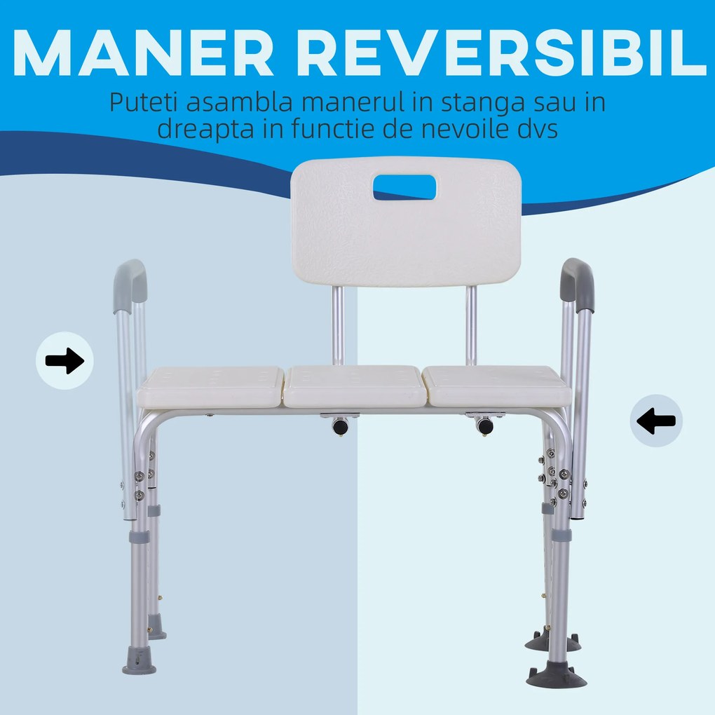 HOMCOM Scaun de Duș cu Înălțime Reglabilă pe 6 Nivele, Picioare și Brațe Antiderapante, 74x53x80-92 cm, Alb | Aosom Romania
