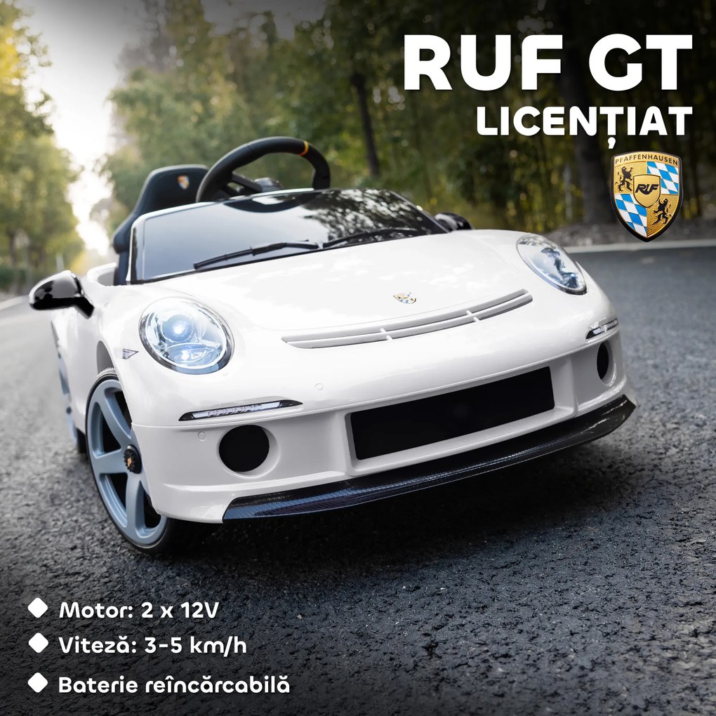 AIYAPLAY Mașină pentru Copii 3-5 Ani cu Licență Oficială RUF GT, Telecomandă, Centură de Siguranță și Muzică, Alb | Aosom Romania
