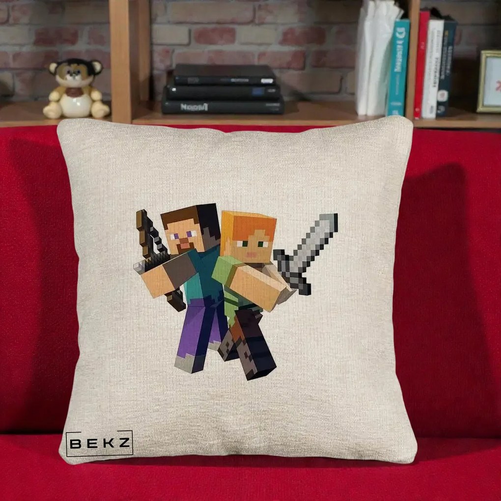Perna Personalizata Minecraft Steve si Alex, 40x40 cm, Bej Canapea, Husa Detasabila, Perna Inclusa, BEKZ®