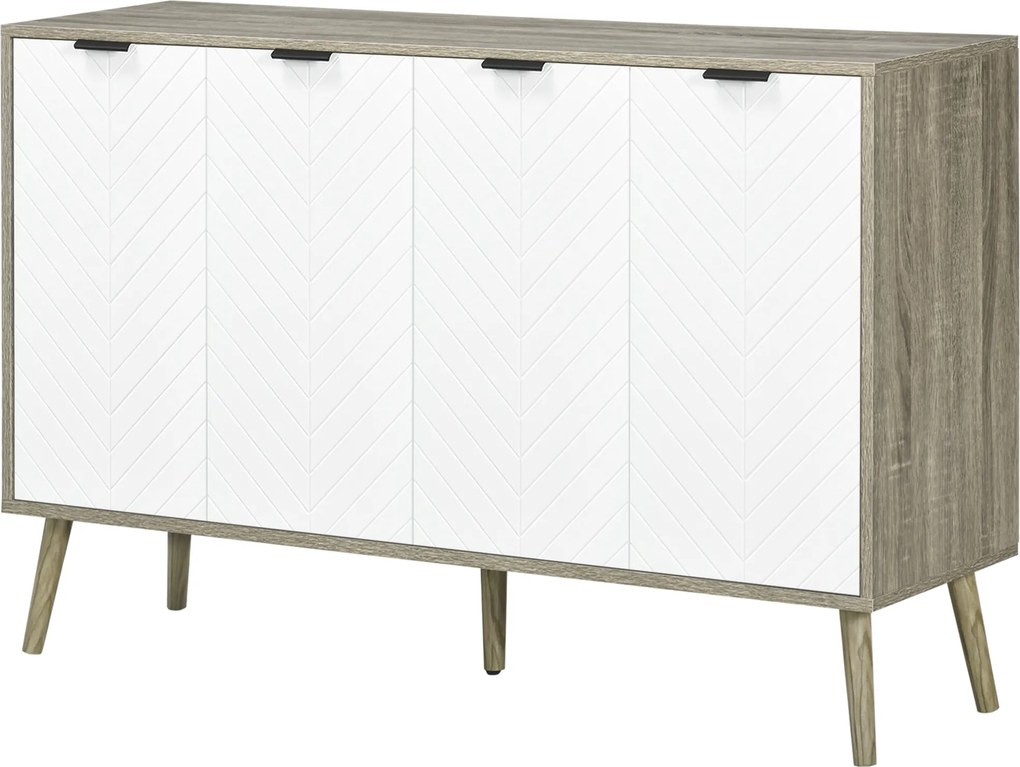 HOMCOM Bufet jos, mobilier de depozitare, 2 dulapuri, 4 uși, model chevron, polițe reglabile, 120 x 35 x 77,4 cm, alb și gri | Aosom Romania