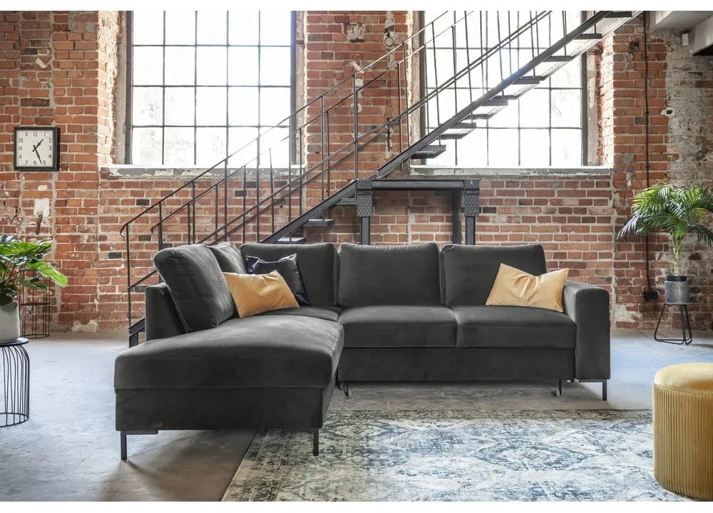 Colțar gri închis extensibil cu tapițerie din catifea (cu colț pe partea stângă ) Lofty Lilly – Miuform