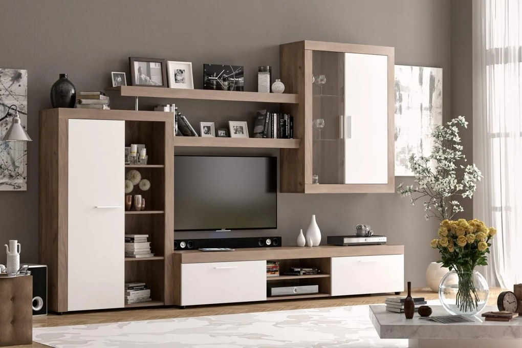 Living Verona, Masura 293 cm, Culoare Alb cu Stejar Inchis