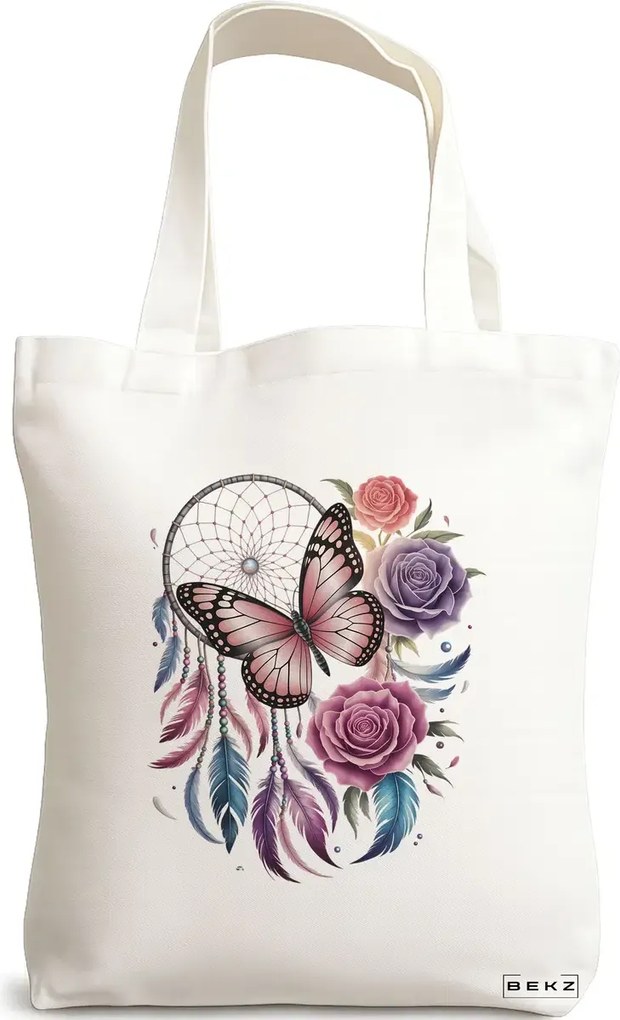 Sacosa de Panza pentru Cumparaturi, Geanta Tote, model Flowers and Butterfly 38 x 34.5 cm, Alba, BEKZ®