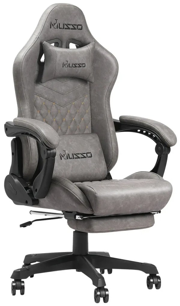 Scaun gaming ergonomic MUSSO 280FG Seria Shark, suport lombar, tetieră, suport pentru picioare, pivotant, mărimea XL, piele PU, Gri