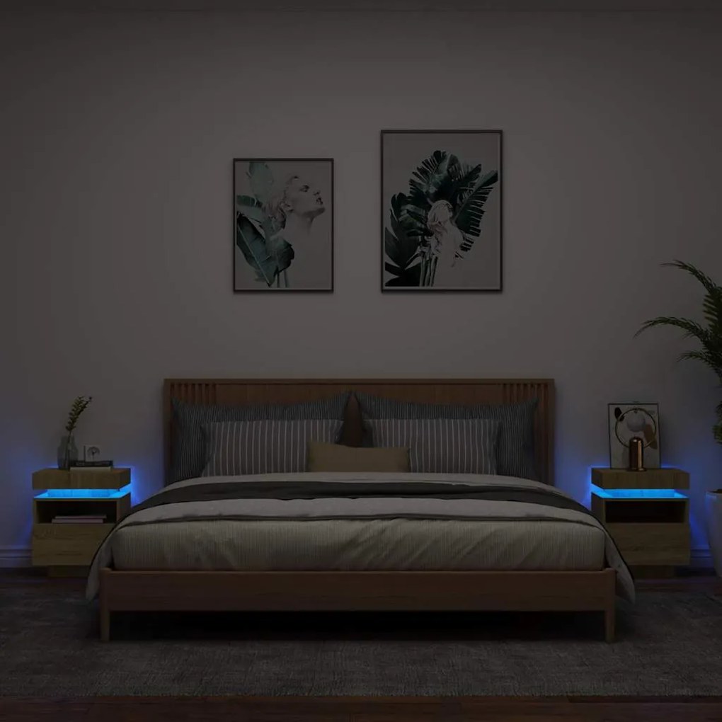 vidaXL Noptiere cu lumini LED, 2 buc., stejar sonoma, 40x39x48,5 cm
