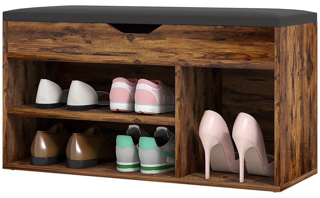 HOMCOM Mobilier pentru încălțăminte Bancă cu depozitare în 2 niveluri, nișă + compartiment integrat cu pernă, efect lemn de mahon | Aosom Romania