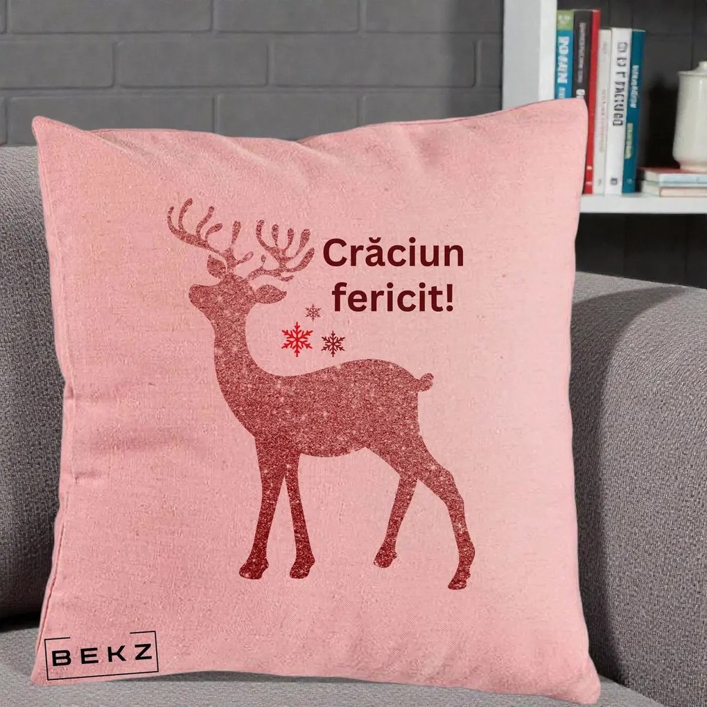 Perna Decorativa Ren Sclipitor Glitter Craciun Fericit, 40x40 cm, Roz, Husa Detasabila, Perna Inclusa, BEKZ®