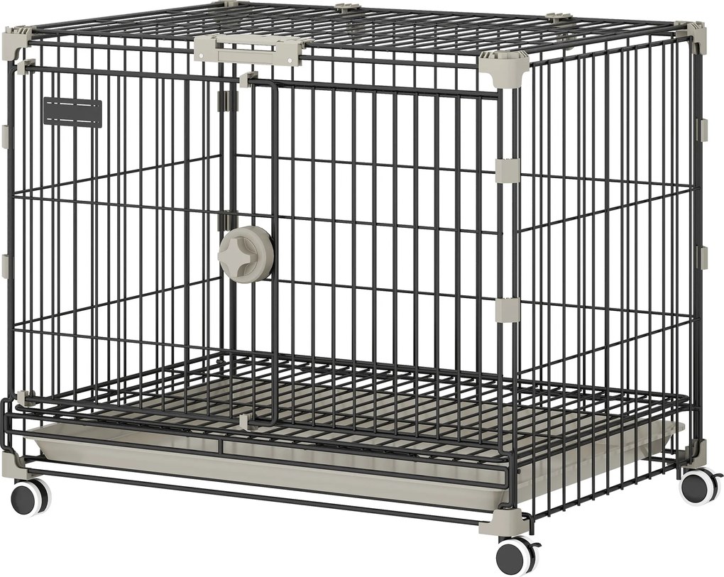 PawHut Cușcă pliabilă pentru câini, Tavă detașabilă, Roți cu frâne, Acoperiș rabatabil, Ușă pentru hrănire, 60,5x45,5x54,5cm, Negru | Aosom Romania