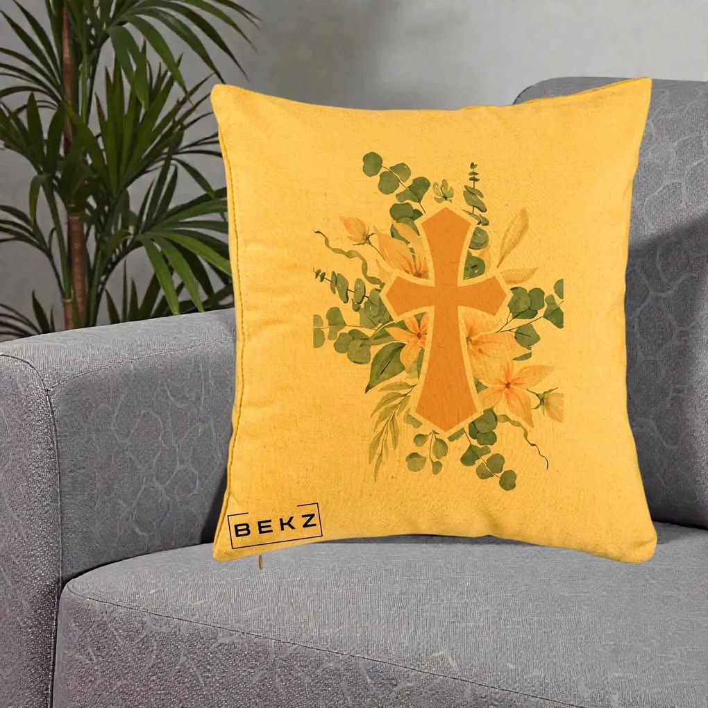 Perna Personalizata Cruce Florala Botez, 40x40 cm, Galben, Husa Detasabila, Perna Inclusa, BEKZ®
