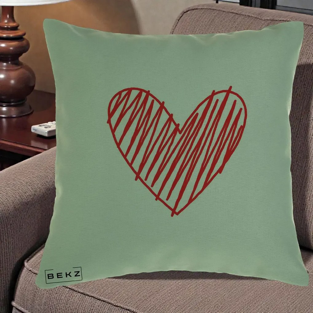 Perna Decorativa Inima Rosie Desen Manual, 40x40 cm, Verde, Husa Detasabila, Perna Inclusa, BEKZ®