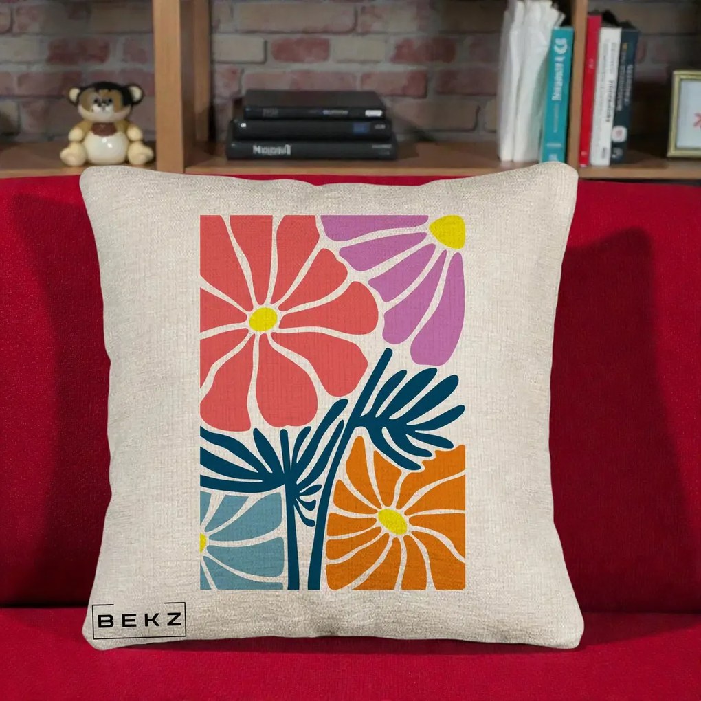 Perna Decorativa Flori Grafice Roz-Orange-Albastru, 40x40 cm, Bej Canapea, Husa Detasabila, Perna Inclusa, BEKZ®