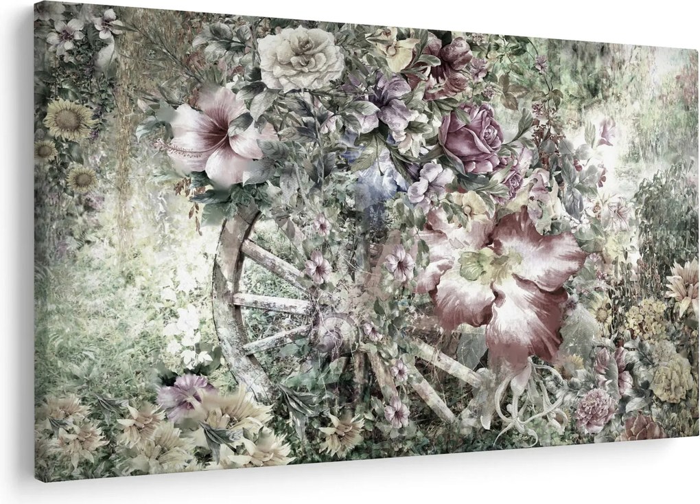 Tablou - Flori pe roata de lemn (90x60 cm)