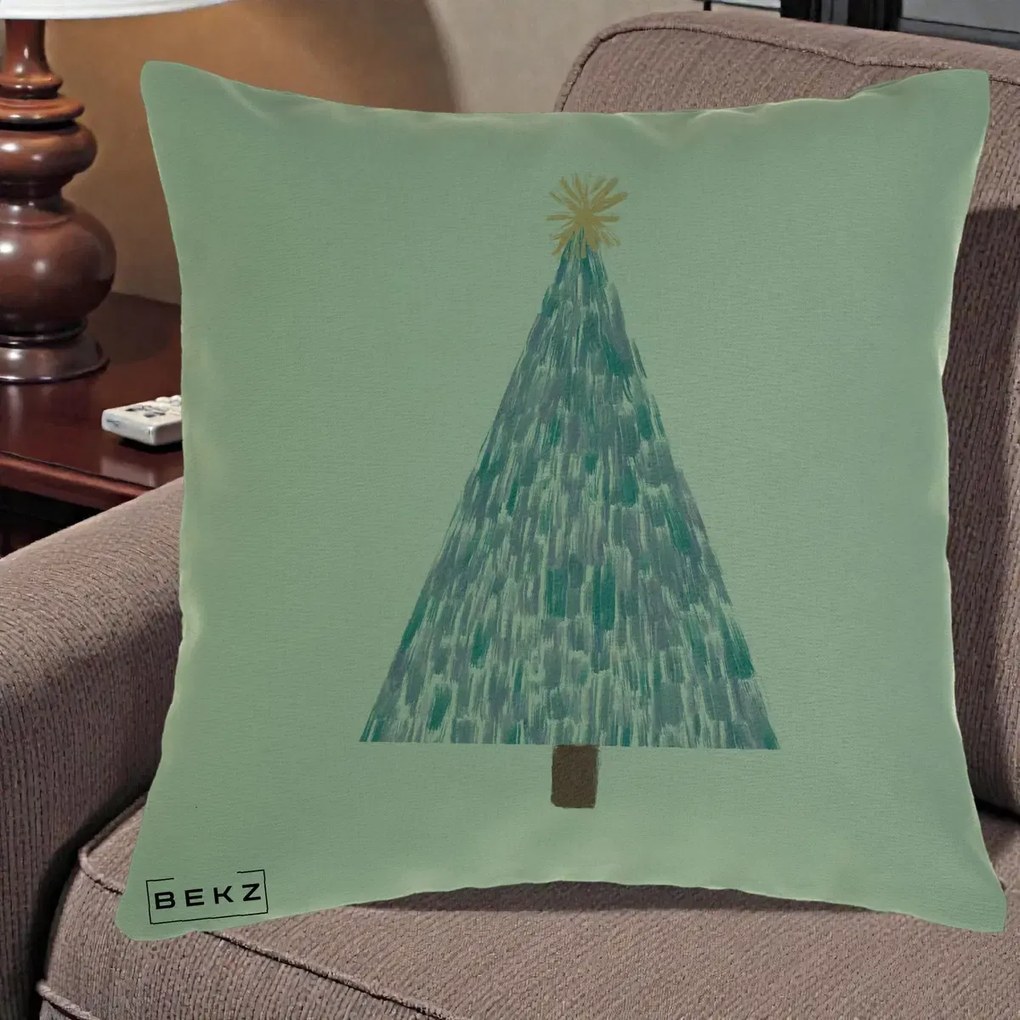 Perna Decorativa Brad de Craciun Acrilic Albastru, 40x40 cm, Verde, Husa Detasabila, Perna Inclusa, BEKZ®