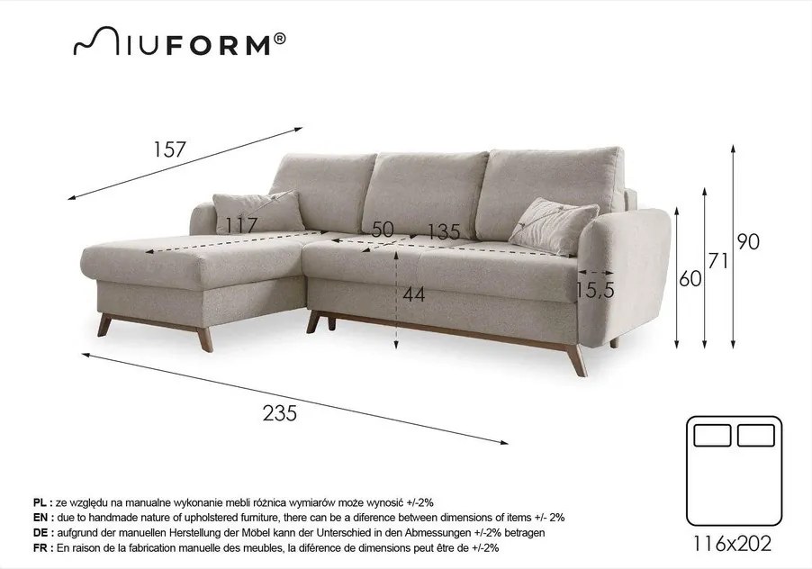 Colțar extensibil cu șezlong pe partea stângă Miuform Scandic Lagom, gri deschis