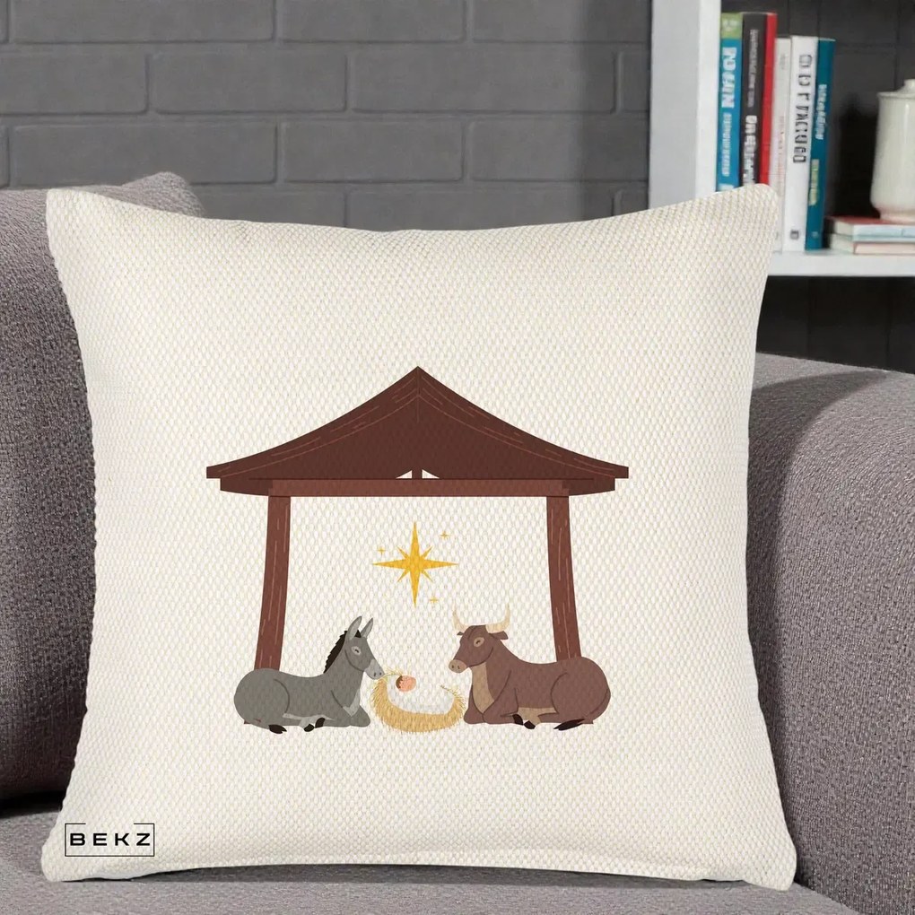 Perna Decorativa Ieslea din Betleem cu Iesle Asin si Bou, 40x40 cm, Crem Reliefat, Husa Detasabila, Perna Inclusa, BEKZ®